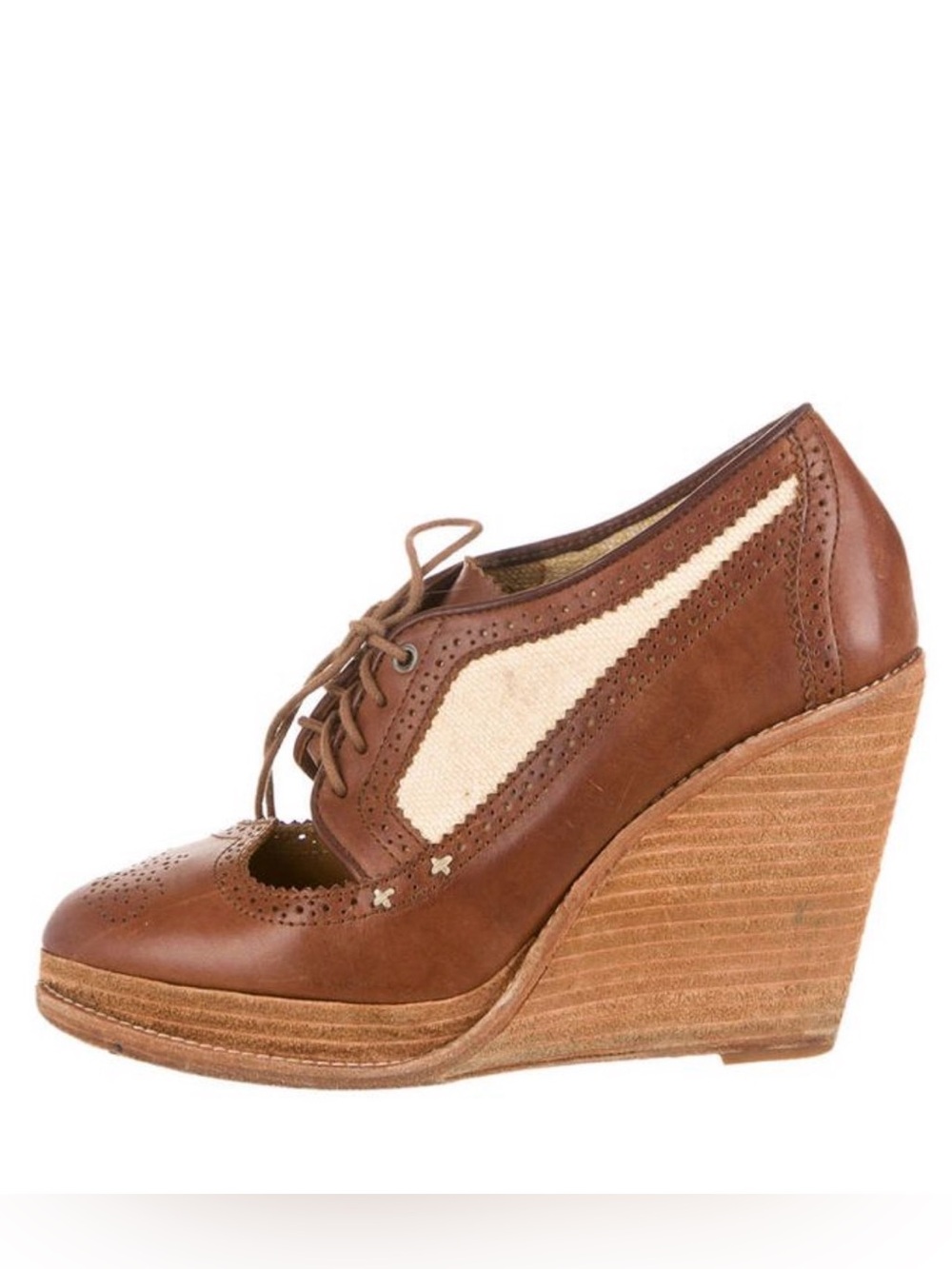 Rag & Bone Salford Brogue Oxford Wedge Heels Brown Leather Canvas Size 38 US 8